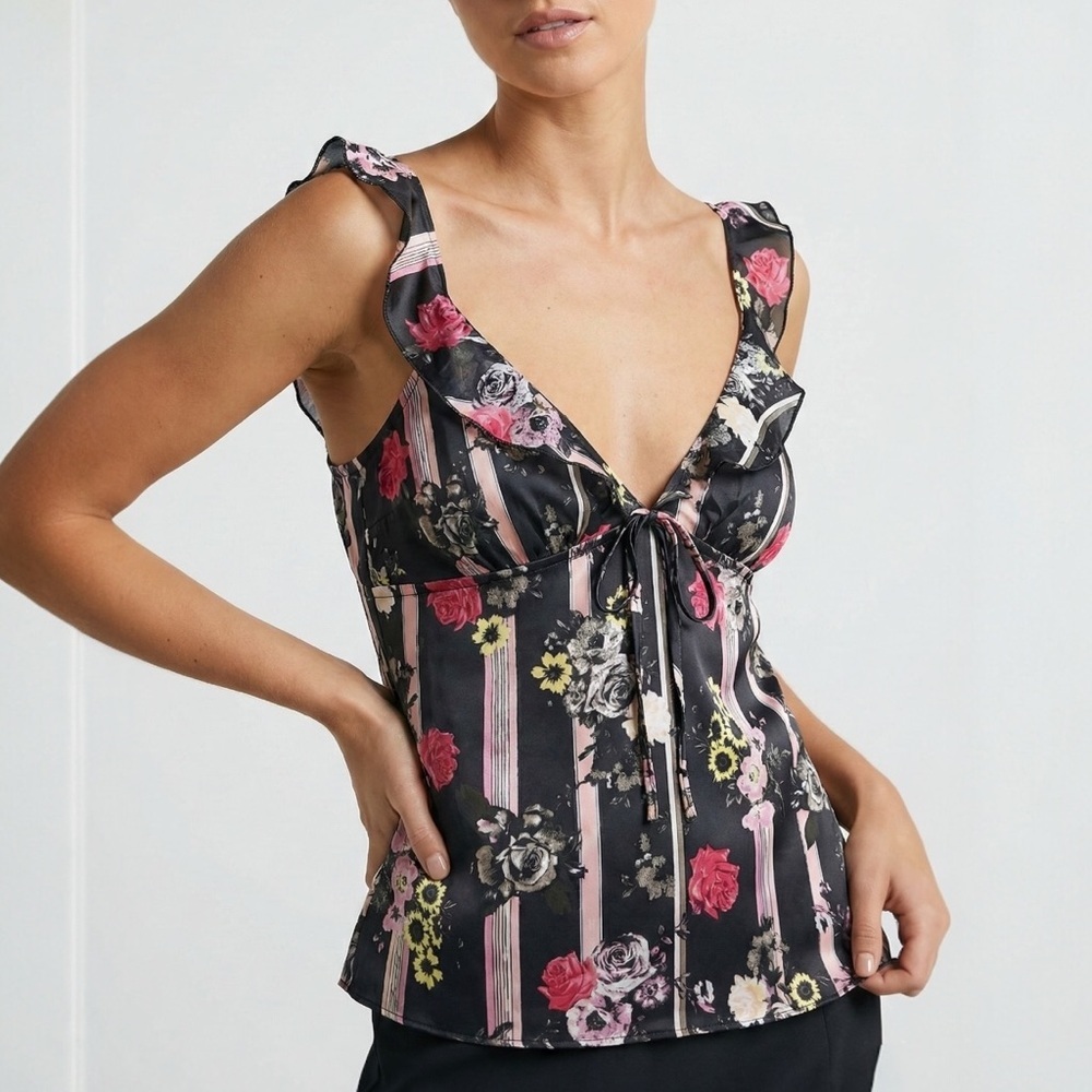 Victoria Secret Floral Stripe Ruffle Cami Tie Front Satin Camisole Lingerie L